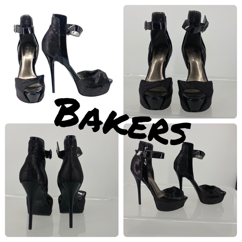 Bakers black silver metallic peep toe spike heels